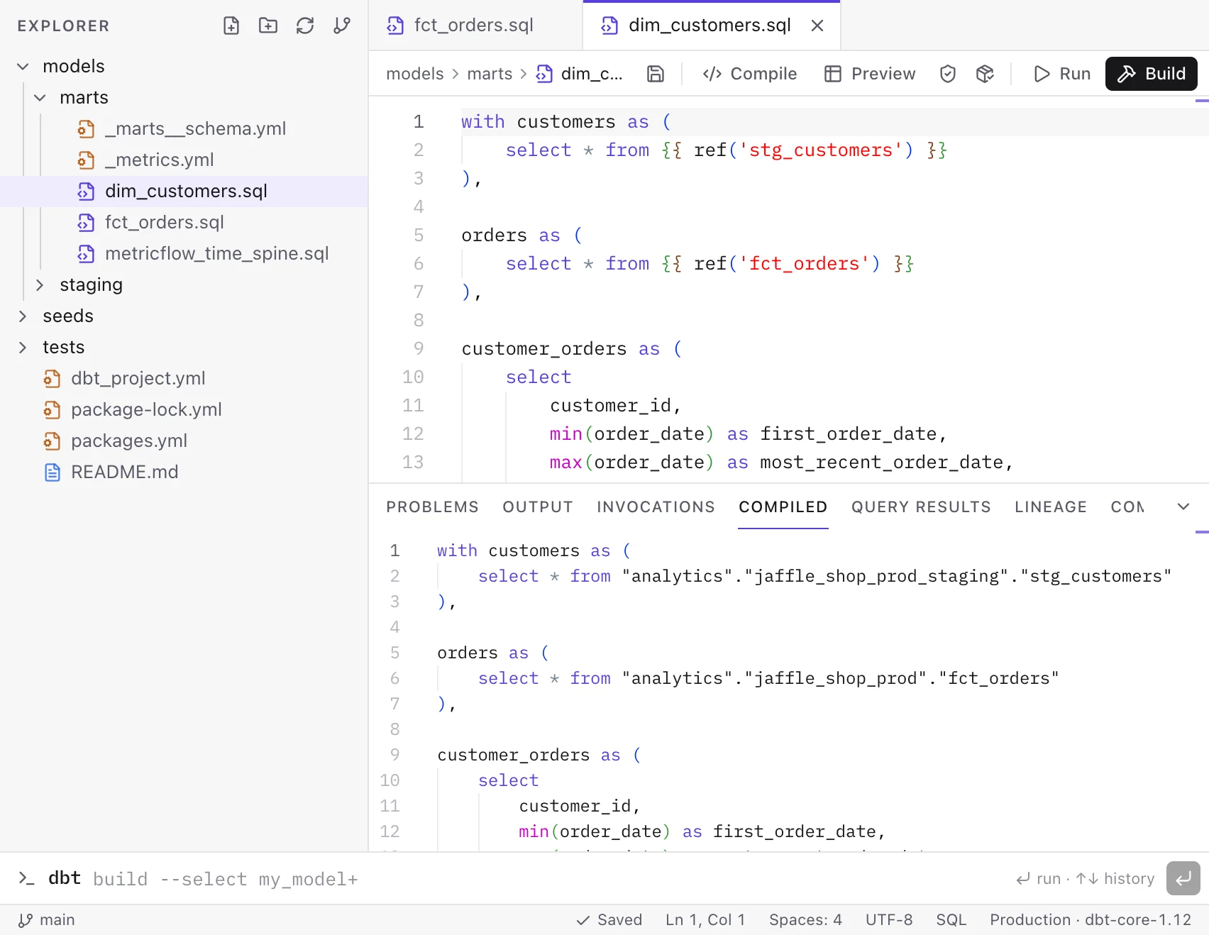 Studio with dim_customers.sql open: ref('stg_customers') in the editor, and the Compiled tab below showing it resolved to the Production relation
